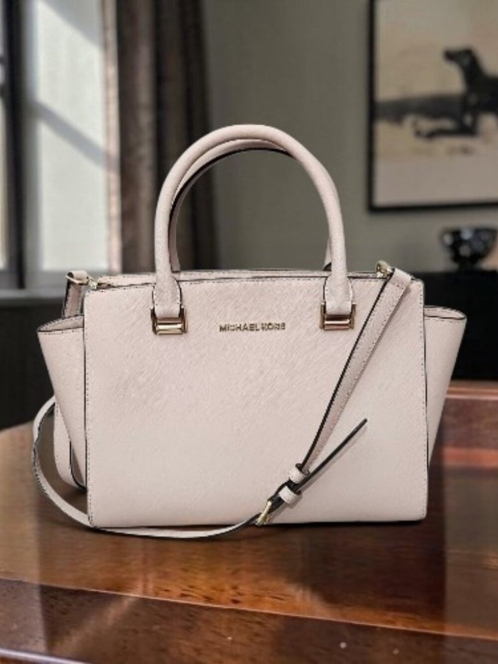 Michael Kors Selma Medium Satchel Saffiano Leather Shoulder Handbag COA Pink